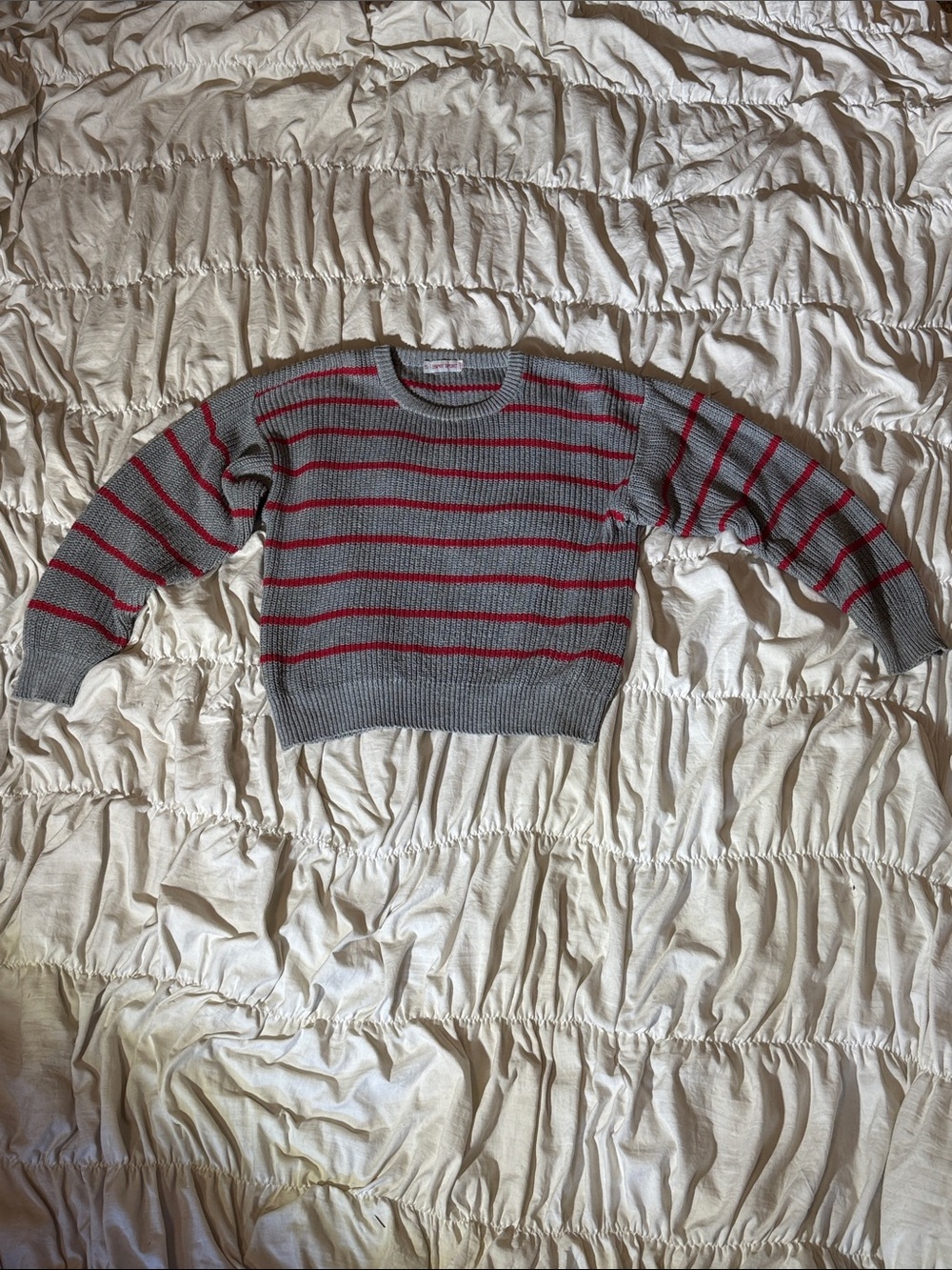 Women's Gray Crewneck Sweater with Red Stripes